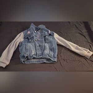 Denim Jacket with Grey Knit Sleeves